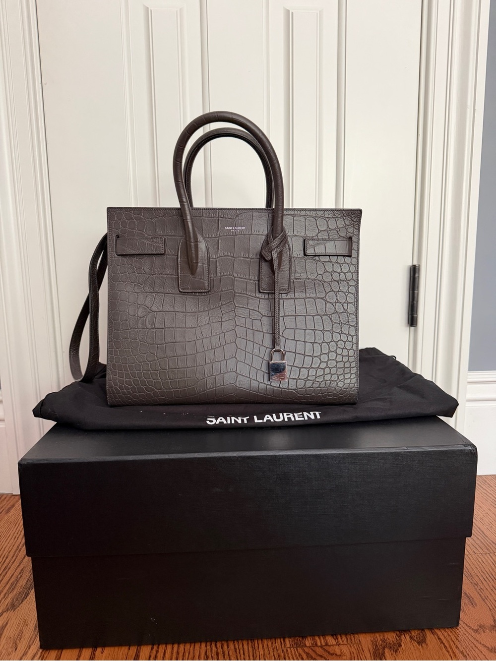BRAND NEW Saint Laurent Croc-Embossed Leather Sac De Jour Tote - Grey Crocodile